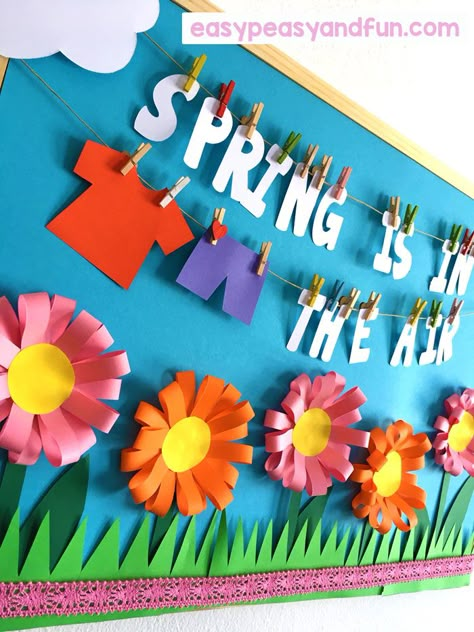 Spring Bulletin Board Ideas for Your Classroom - Easy Peasy and Fun Spring Wall Display Classroom, Spring Board Ideas For Work, Spring Ideas Decoration School, Spring Decorations For Classroom Wall Decor Paper Flowers, Spring Decoration For Kindergarten, Spring Decorations For School, Spring Board Decoration Ideas, Spring Notice Board Ideas, Spring Billboards Preschool