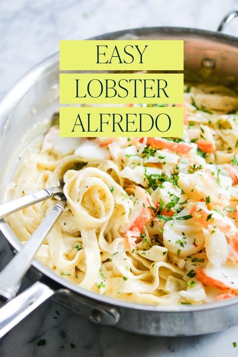 This homemade Lobster Alfredo is luscious, dreamy, and would make for a great dinner date night-in! The lobster tail is steamed in a little butter, white wine, and the loveliest seasoning. Pro Tip: Be sure to use a white wine that you enjoy, so that you and your sweetheart can share a chilled glass while dinner comes together! Lobster And Pasta Recipes, Lobster Tail Pasta, Lobster Alfredo Recipe, Lobster Alfredo, Hearty Recipes, Creamy Alfredo Sauce, Fed And Fit, Lobster Dinner, Healthy Valentines