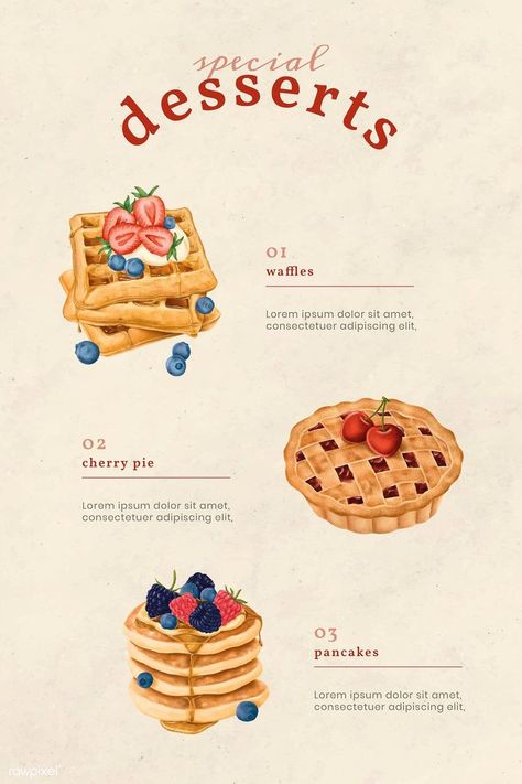 Sweet Menu Design, Menu Design Dessert, Food Menu Drawing, Waffle Menu Design, Cake Menu Design Ideas, Dessert Menu Design Ideas, Special Menu Design, Menu Infographic, Food Menu Illustration