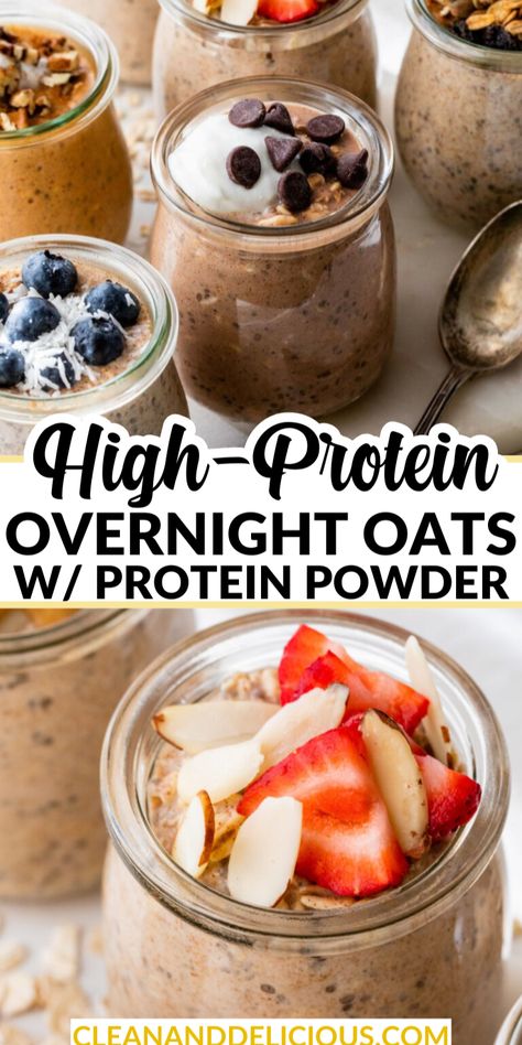 Start your day with High-Protein Overnight Oats! Packed with rolled oats, Greek yogurt, almond milk, chia seeds, and protein powder, this simple breakfast gives you 22 grams of protein per serving. It’s easy to prepare in advance and perfect for busy mornings when you want a healthy, protein-filled option. Make this High-Protein Overnight Oats recipe today to simplify your breakfast routine and fuel your day! High Protein Breakfast Meal Prep Overnight Oats, Overnight Oats With Yogurt And Protein Powder, Overnight Oats With Protein Powder Greek Yogurt, Overnight Oats With Chia Seeds And Protein Powder, Overnight Oat Recipes Protein, High Protein Oats Recipes, Overnight Oats Recipe Protein Powder, Easy Overnight Oats With Yogurt, Protein Powder Overnight Oats Healthy