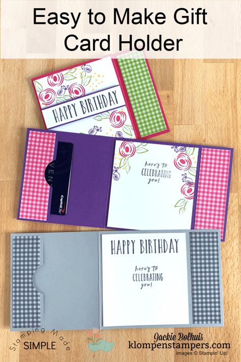 This DIY gift card holder is easy to make and perfect for many occasions. Need a unique way to give money or gift cards? This project is perfect. Check it out at www.klompenstampers.com #diygiftcardholder #giftcardholder #birthdaygiftcardholder #cardmaking #giftideas #craftfairideastosell #klompenstampers #jackiebolhuis Giftcard Present Ideas Birthday, How To Gift Money Creative, Money Holder Cards Diy, Gift Card Holders To Make, Diy Gift Card Holder Ideas, Gift Card Cards, Diy Gift Card Holder, Birthday Card Holder, Card Holder Diy