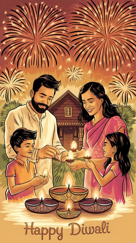 Free Happy Diwali with Family Illustration Happy Diwali Family, Family Celebrating Diwali, Diwali With Family, Diwali Family, Deepavali Greetings Cards, Diwali Illustration, Happy Diwali Poster, Happy Deepavali, Diwali 2024