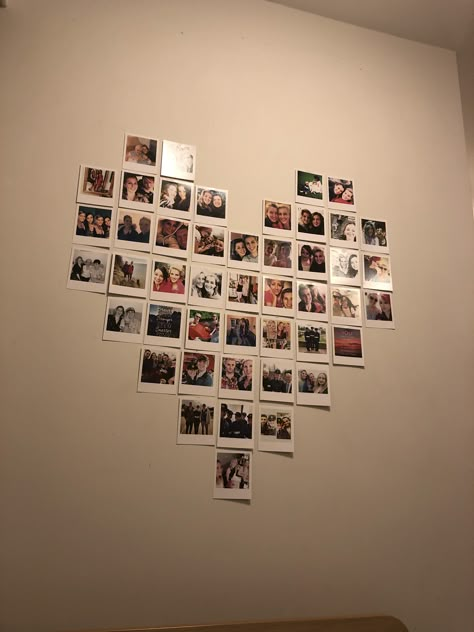 Photo Wall Heart Layout, Polaroid Heart Wall, Heart Of Pictures, Heart Picture Wall, Heart Picture Collage, Picture Heart, Girls Room Diy, Polaroid Wall, Easy Diy Room Decor