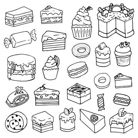 Cake Doodle Drawing, Pastry Sketch, Cake Line Art, Outline Cake, Cookie Sketch, Candy Sketch, Sweet Doodles, Cake Outline, Cookie Doodle