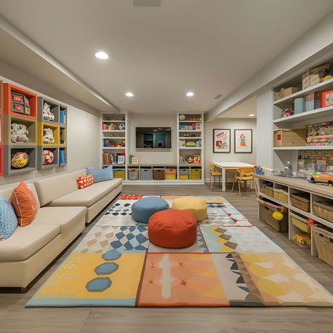 Basement - Size, Functionality, Uses, Furniture And Renovation Basement With Playroom, Basement With Play Area, Basement Playroom Paint Colors, Basement Sensory Room, Colorful Basement Ideas, Basement Multipurpose Room, Older Kids Playroom Ideas, Tv Playroom, Finished Basement Playroom