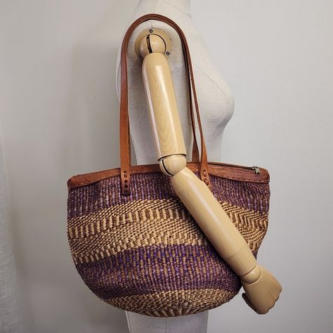 Vtg Purple Sisal & Leather Market Basket Shoulder Tote Bag Boho 70s 90s Kenya 2 Purple Basket, Boho 70s, Purple Weave, Jute Tote Bags, Jute Totes, Market Basket, Take Responsibility, Market Baskets, Woven Raffia