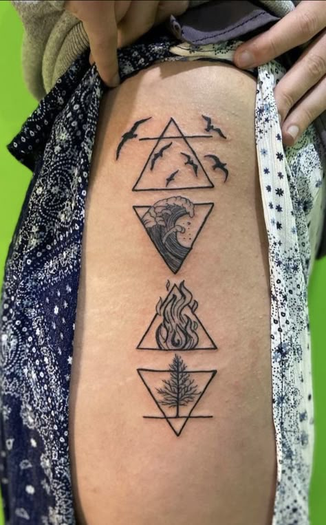 Tattoo Of The Elements, Fire And Water Tattoo Ideas, Geometric Fire Tattoo, Tattoos That Can Be Added To, Air And Earth Tattoo, Adventurer Tattoos, Elements Of Nature Tattoo, Element Tattoo Ideas Symbols, Air Element Tattoo