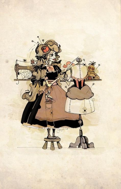 Sewing Character Design, Seamstress Character Design, Seamstress Aesthetic, Steampunk Seamstress, Clown School, Sewing Aesthetic, Sewing Humor, Steampunk Artwork, Dnd Art