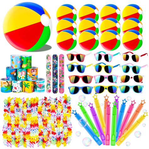 PRICES MAY VARY. 🌊【Extensive Beach and Pool Entertainment】-60PCS Beach and pool party favors ensures that kids aged 4-12 have everything they need for a fun-filled day by the water. Include Hawaiian leis×12, beach balls×12, sunglasses×12, bubble wands×12, and slap wristbands×12. 🐬【Vibrant Hawaiian Theme】- Perfect for enhancing the ambiance of summer-themed events, the inclusion of Hawaiian leis adds a touch of tropical flair to the party decorations. Both kids and adults can enjoy the festive Beach Toys For Kids, Beach Party Favors, Summer Party Favors, Hawaiian Leis, Pool Party Favors, Luau Party Decorations, Pool Beach Party, Hawaiian Party Decorations, Beach Balls