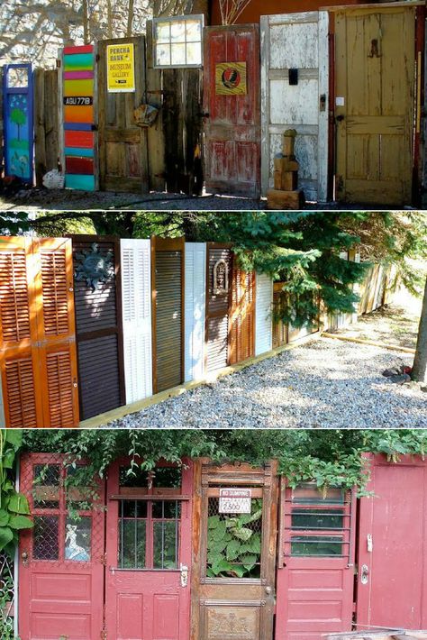 Old Doors Fences - Fences -  Old and unused doors taking the dust can have a second life in your garden! Here are some examples of old doors reused into nice and creative fences!   #Fenceideas #Gardendesign #Gardenideas #Gardeningtips #Gardens #Recycle Upcycled Fence Ideas, Backyard Old Door Ideas, Using Old Doors In The Garden, Old Door Fence, Upcycle Doors Garden, Fence Made From Old Doors, Oklahoma Landscaping, Creative Fences, Old Wood Fencing Repurposed