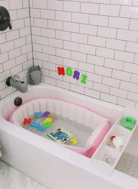 on the blog: our favorite toddler gear that gets the most use and doesn't take up too much space // sharing the best bath time products for toddlers like this inflatable bath tub + toy drying rack Babyletto Mini Crib, Mobile Home Bathtubs, Toddler Bath Tub, Kids Bath Tub, Shorts Pyjamas, Tub Toys, Baby Clothes Brands, Baby Tub, Toddler Gear