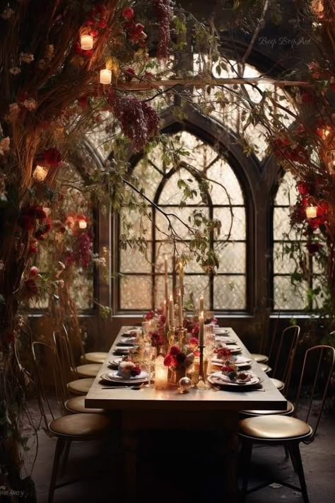 Dark Academia Wedding Theme, Fairytale Restaurant, Witch Wedding Aesthetic, Dark Fairytale Wedding Theme, Dark Academia Wedding Aesthetic, Dark Academia Wedding Dress, Dark Red Wedding Theme, Fantasy Restaurant, Western Gothic Aesthetic