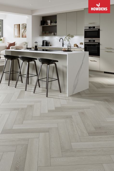 Kitchen Design Herringbone Floor, Neutral Herringbone Floor, Vinyl Flooring Herringbone Pattern, Grey Wood Kitchen Floor, White Herringbone Vinyl Floor, Grey Flooring Herringbone, Grey Oak Herringbone Floor, Modern Kitchen Herringbone Floor, Cream Herringbone Floor