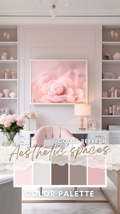 Elevate Your Home Office: Combining Neutral Tones with Blush Pink Accents for a Serene and Productive Workspace Blush And Grey Office, Blush Pink Gold White Color Palette, Pink Accent Wall Office, White And Pink Office, Pink Office Aesthetic, Home Office Neutral, Pink Office Ideas, Blush Pink Office, Blush Office