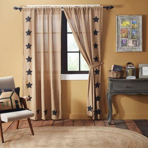 Burlap Border, Stenciled Curtains, Primitive Curtains, Americana Home, Burlap Curtains, Vhc Brands, Farmhouse Curtains, Star Stencil, Country Curtains