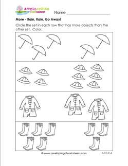 In this More Worksheet circle each set of rain gear that has more than the other set. Be sure to see all our More and Less worksheets. CCSS aligned K.CC.C.6 More Or Less Worksheets Preschool, Less Or More Kindergarten, Rain Worksheets For Kindergarten, Less Or More Worksheet, More Less Worksheet Kindergarten, More And Less Worksheets Kindergarten, More Or Less Worksheets For Kindergarten, More And Less Worksheet, More Or Less Worksheets