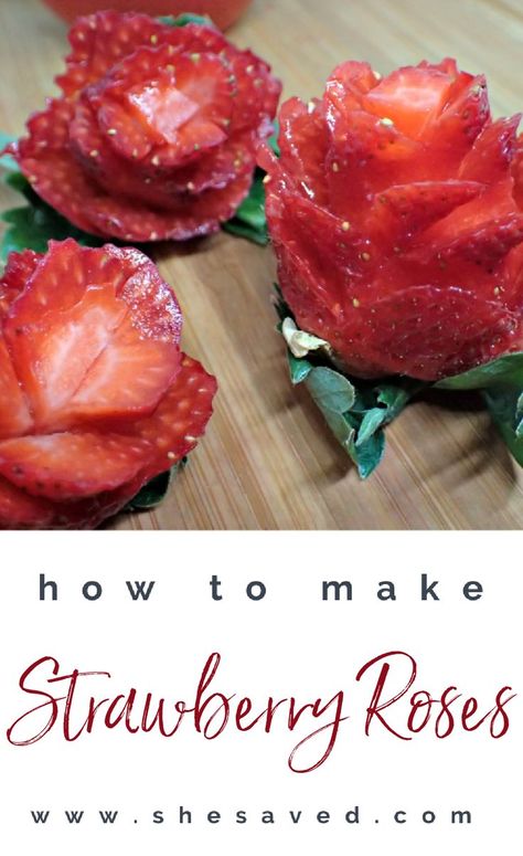 Make Roses out of Strawberries! Strawberry Cake Decorations, Cake Decorated With Fruit, Strawberry Rose, Fruit Platter Designs, Kid Recipes, Cut Strawberries, Strawberry Roses, Seasons Activities, Strawberry Decorations