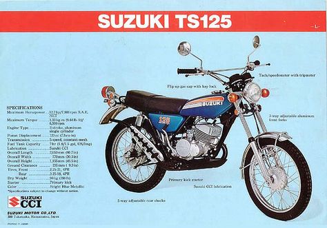 1974 Suzuki TS125l brochure | Denise & Rick | Flickr Suzuki Ts125, Vintage Motorbike, Bullet Bike Royal Enfield, Suzuki Bikes, Motos Vintage, Dual Sport Motorcycle, Enduro Motorcycle, Japanese Motorcycle, Motorcycle Posters