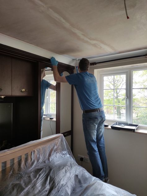 Ceilings skimmed to remove artex, and above to paint the dark melamine cupboards... Painting Coved Ceilings, How To Skim Coat Ceiling, Removing Ceiling Texture, How To Fix Chipping Ceiling Paint, Planking Ceiling Diy, Home Reno, Standing Desk, Cupboard, Reno