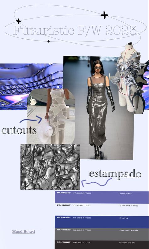 Stylist Moodboard Fashion, 50s Fashion Moodboard, Futuristic Moodboard Inspiration, Styling Moodboard Fashion, Futuristic Fashion Moodboard, Futuristic Fashion Illustration, Silhouette Board Fashion, Fashion Moodboard Portfolio, Fashion Collection Moodboard