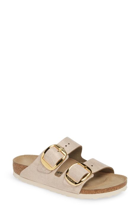 Birkenstock Arizona Big Buckle Slide Sandal available at #Nordstrom Birkenstock Sandals Aesthetic, Trendy Slippers For Women 2023, Birkin Stocks Sandals Outfit, Birkin Stocks Sandals, Birkin Stocks, Beige Slippers, Birkenstock Arizona Big Buckle, Arizona Big Buckle, Trendy Slippers