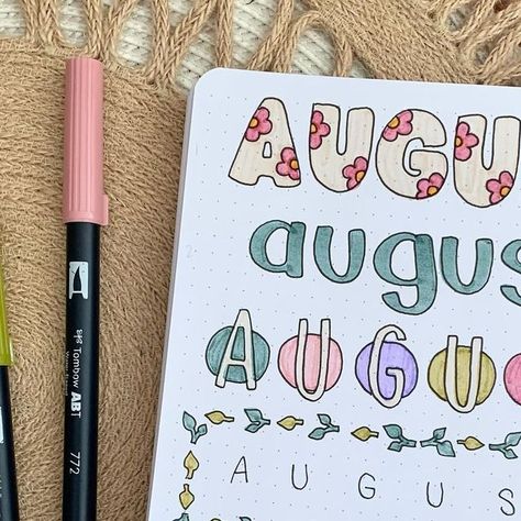 August Hand Lettering, August Doodles Bullet Journal, Bullet Journal August Theme, August Planner Ideas, August Journal Ideas, Month Doodles, August Doodles, August Lettering, August Bullet Journal Ideas