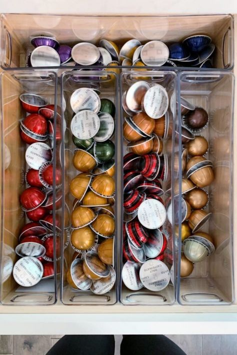 Organize Nespresso Pods, Coffee Pod Drawer Organization, Coffee Pod Organization, Nespresso Pod Organization, Coffee Pod Storage Ideas Diy, Glam Coffee Bar, Nespresso Pod, Dvd Organization, Future Farmhouse