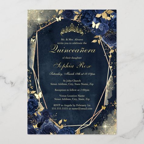 Navy Blue Quinceanera Ideas, Under The Stars Quinceanera Theme, Blue Quinceanera Ideas, Quinceñera Invitations, Blue Quinceanera Theme, Debut Invitation, Blue Quince, Navy Invitation, Butterfly Invitations