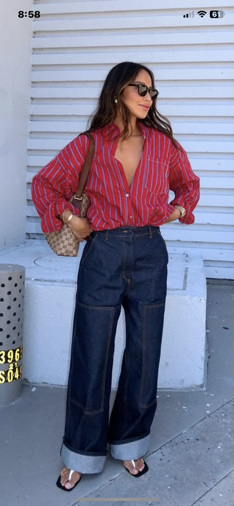 Red Striped Shirt Outfit, Red Shirt Outfits, Red Top Outfit, Button Down Outfit, Outfits With Striped Shirts, Red Striped Shirt, Trendy Date Night Outfit, Berry Avenue Codes, Work Fits