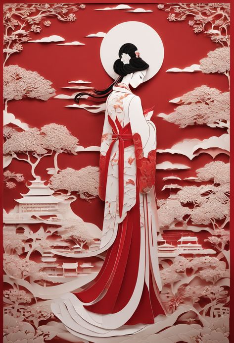 masterpiece, A Chiense woman in a hanfu, beautiful render of a fairytale, in the style of paper art, painting of beautiful, beautiful as the moon, very intricate masterpiece, painted metal, beautiful intricate masterpiece, multiple layers, Mysterious, Ancient China background, red Ancient China Art, China Background, Hanfu Art, Ancient Japanese Art, China Culture, Japan Painting, Layered Art, Japanese Calligraphy, Beautiful Beautiful