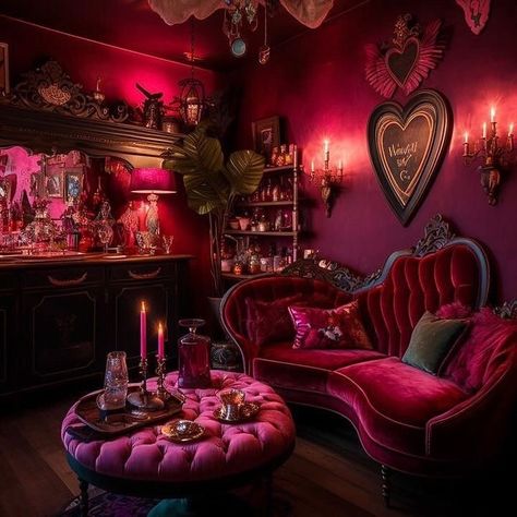 Pink Gothic Home Decor, Pink Gothic Interior, Coquette Room Furniture, Red And Pink Interior Design, Geek Living Room Ideas, Aesthetic Apartment Dark, Eclectic Romantic Decor, Whimsical Goth Bathroom, 90s Whimsigoth Room