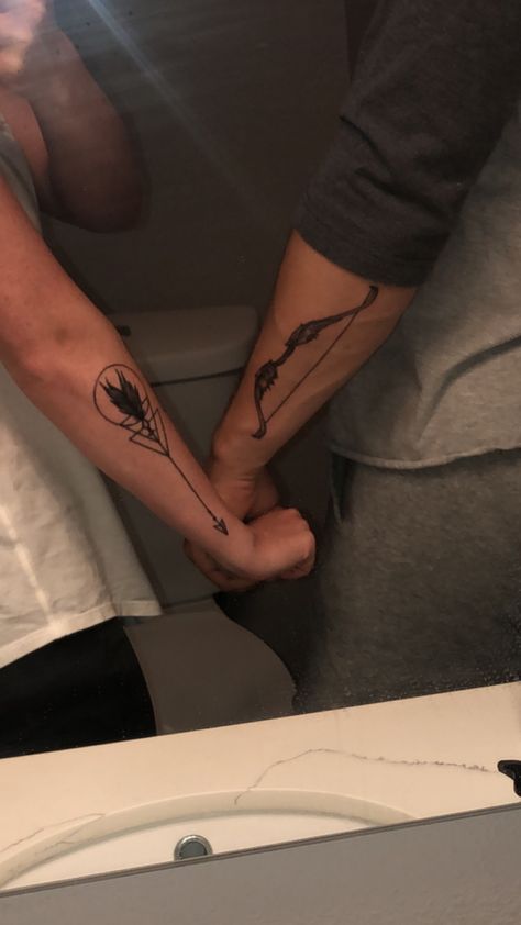 Bow Tattoo Men Archery, Compass Tattoo Siblings, Sagittarius Couple Tattoo, Mens Tattoos For Wife, Bow And Arrow Matching Tattoo, Couples Bow And Arrow Tattoo, Archery Bow Tattoo, Bow And Arrow Tattoo For Men, Compound Bow Tattoo