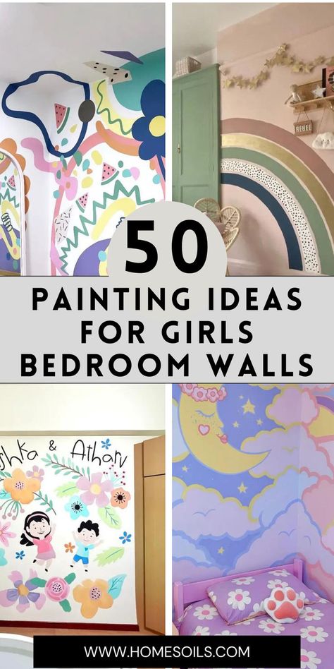 Discover 50 creative painting ideas for girls' bedroom walls that bring color and personality to any space. From whimsical pastels to bold accent walls, these designs add charm and fun to your child's room. Perfect for inspiring a playful and stylish atmosphere! Rainbow Room Paint Ideas, Girls Room Wall Ideas, Age 5 Girls Bedroom Ideas, Girls Wall Paint Ideas, Girls Bedroom Paint Ideas Accent Walls, Painting Girls Room Ideas, Girls Room Paint Ideas Accent Walls, Kids Room Mural Ideas, Girls Room Accent Wall Ideas