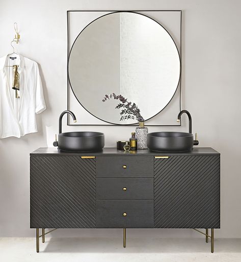 Black 2-Door 3-Drawer Double Vanity Unit Jagger | Maisons du Monde Bathroom Art Deco, Trending Wall Art, Double Vanity Unit, Best Wall Art, Wc Design, Art Deco Cabinet, Teen Furniture, Metallic Design, Hallway Storage