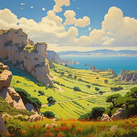 fantasy landscape painting of calabria toscane mallorca italy, sunny, fields, cliffs, wide angle, studio ghibli pixar, abbott fuller graves Pixar Landscapes, Fantasy Plains Landscape, Fantasy Field Landscape, Studio Ghibli Environment, Ghibli Environment, Fantasy Italy, Fantasy Plains, Studio Ghibli Landscape, Ghibli Landscape