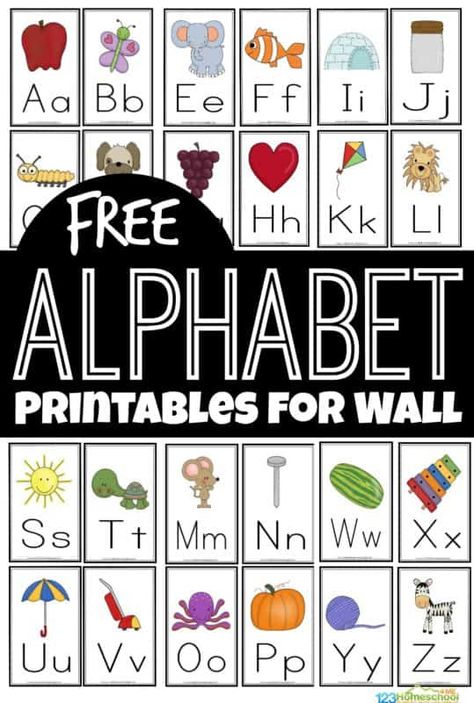 If you are working with your toddler, preschool, pre k, Kindergarten, and first grade student on learning the alphabet, you know they will need to reference something frequently to remember how to form their letters. It is a skill that just takes time and practice! These super cute, free alphabet printables for wall are a handy tool for helping children their their letters from A to Z.  Print the pdf file with the free printable alphabet flash cards, cut apart, and hang on your wall for kids to Print Alphabet Font, Letter Of The Alphabet Free Printables, Alphabet Wall Cards, Alphabet Letters To Print, Free Alphabet Printables, Alphabet Flash Cards Printable, Word Wall Letters, Letter Flashcards, Letter Fonts