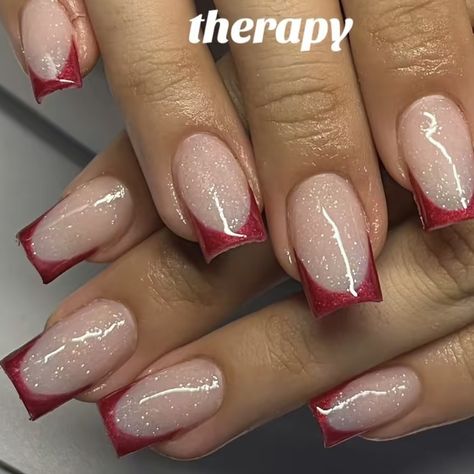 Manicure nails red short cherry red pink nails tips sparkle glossy Red Nails French Tip, Sparkly Red Nails, Red Nails French, Red French Tips, Gold French Tip, Nails French Tip, Red French, London Aesthetic, Red Sparkle