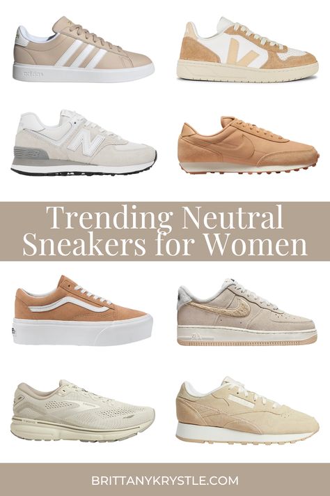 Womens Neutral Nike Shoes, Womens Casual New Balance Shoes, Women's Fall Shoes 2023, Fall Shoes 2023 Sneakers, Trendy Womens Sneakers 2023, Tan And White Sneakers, Fall 23 Shoe Trends, Cream Sneakers Women, Autumn Sneakers 2023