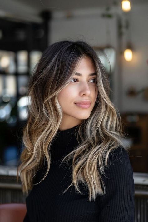 High Contrast Beige Balayage, Multi Dementional Brunette, Cool Tone Ombre Hair, Pale Skin Brunette Balayage, Balayage Hair For Cool Skin Tone, Brunette Balayage Hair Low Maintenance, Full Highlight On Dark Hair, Hand Painted Balayage Brunettes, Brunette Balayage Hair Dark Roots