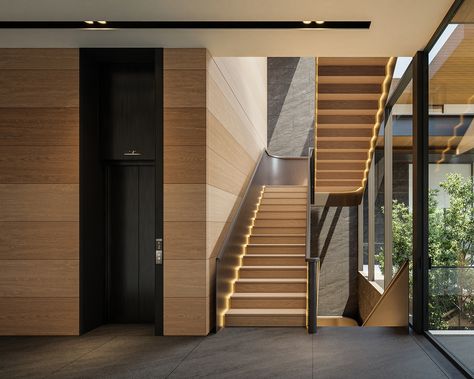 PH House Interior on Behance Stairs With Elevator Design Modern, Modern Contemporary Interior Design, Stairs Design Interior, House Design Exterior, Modern Style House Plans, Minimal House Design, Architectural Services, House Front Design, Residential House