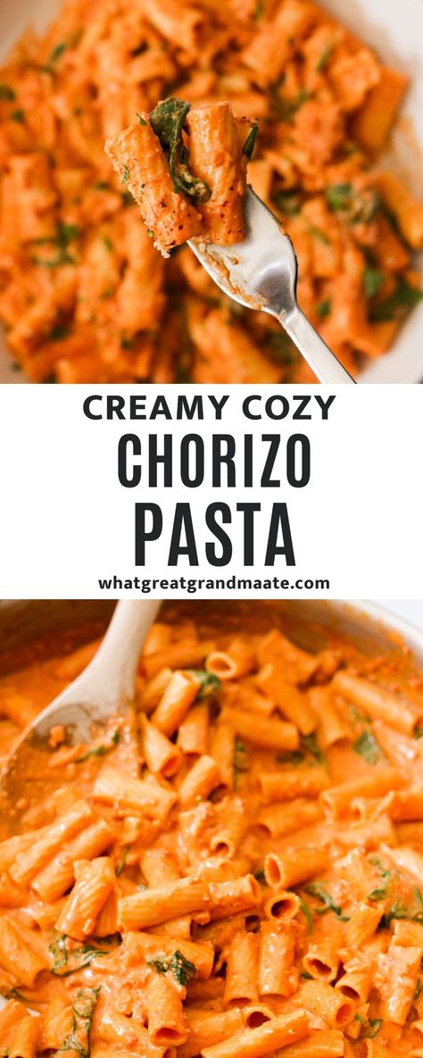 Delicious, easy, and creamy Chorizo Pasta that comes together in just 30 minutes. The creamy sauce complements the chorizo's spicy kick, resulting in a warm, comforting dish perfect for a cold day. Dinner Recipes With Chorizo, Chorizo Recipes Dinner Healthy, Pasta With Chorizo Sausage, Chorizo Spaghetti Sauce, Chorizo Recipes Dinner Pasta, Recipes With Chorizo, Pasta Chorizo Recipes, Chorizo Spaghetti, Spicy Chorizo Pasta