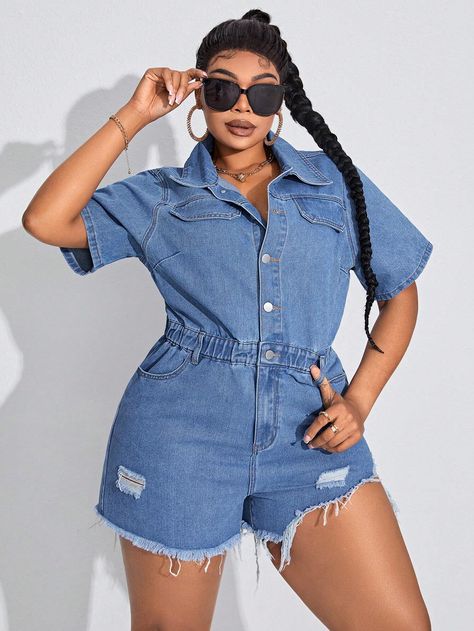 SHEIN SXY Plus Size Distressed Denim RomperI discovered amazing products on SHEIN.com, come check them out! Romper With Boots, Short Sleeve Denim, Plus Size Denim, Denim Romper, Denim Overalls, Amazing Products, Distressed Denim, Plus Clothing, Overalls