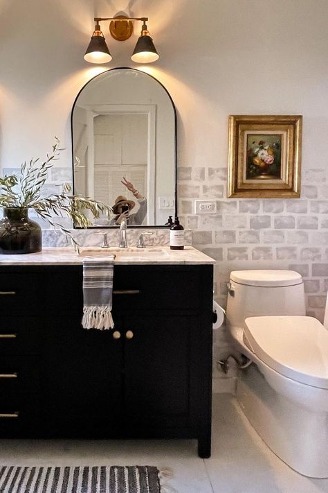 Toto Bidet, Vintage Inspired Bathroom, Room Vanity Ideas, The Carlyle, Dark Bathrooms, Deco Bathroom, Black Vanity, Modern Farmhouse Bathroom, Girls Bathroom