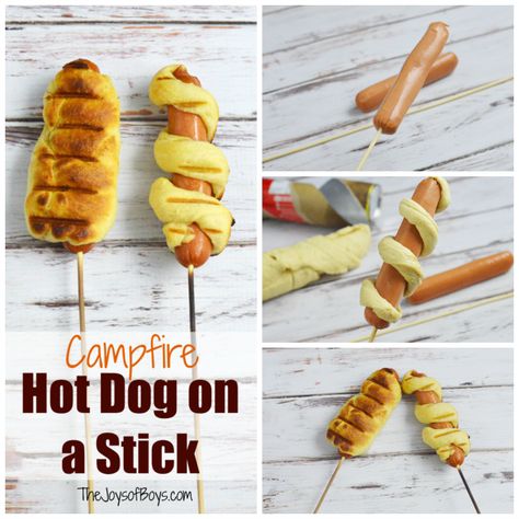 Fire Pit Food, Hot Dog Crescent Rolls, Hot Dog On A Stick, Camping Meals For Kids, Simple Camping, Healthy Camping Food, Camping Desserts, Camping Dinners, Easy Camping Meals