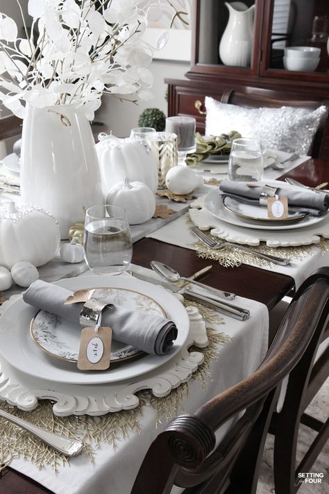 How to set an elegant Thanksgiving table - for less! - by starting with your everyday white dishes and adding a few EASY DIY decor ideas! Dinner Table Decor Everyday, Thanksgiving Table Settings Rustic, Elegant Thanksgiving Table, Table Settings Everyday, Elegant Thanksgiving, Thanksgiving Dinner Table, Easy Diy Decor, Dinner Table Setting, Fall Table Settings