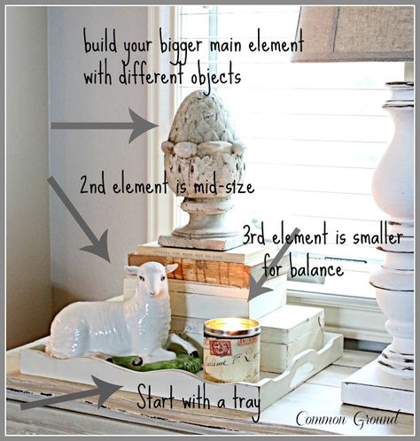 common ground : Basics for Building a Tabletop Vignette Styling Trays Vignettes, Vignettes Styling Display Ideas, Tray Vignettes, Table Vignettes, Decor Vignettes, Coffee Table Vignettes, Vignette Styling, Decorating 101, Vintage Vignettes