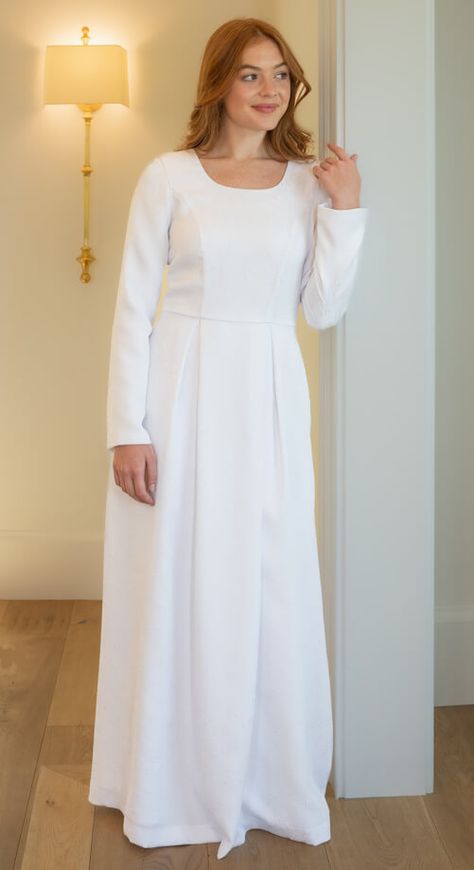 Cascade Modest Dresses Long With Sleeves White, Modest Long White Dresses, Modest White Dress Long, Latter Day Saint Wedding Dress, Modest White Dresses With Sleeves, Lds Wedding Dresses 2022, Lds Temple Clothing, Wedding Dress Empire Waist, Wedding Dress Empire