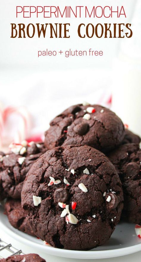 Peppermint Mocha Brownie Cookies - soft and chewy, minty chocolate chunk cookies with hints of coffee. Gluten Free & Paleo Paleo Christmas Cookies, Baileys Fudge, Gooey Chocolate Brownies, Chocolate Peppermint Cookies, Chocolate Brownie Cookies, Mint Cookies, Peppermint Cookies, Chocolate Chunk, Peppermint Mocha