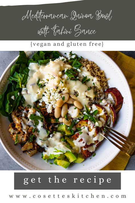 Mediterranean Quinoa Bowl with Tahini Sauce {vegan and gluten free} - Cosette's Kitchen Shrimp Tahini Bowl, Tahini Recipe Ideas, Tahini Bowl, Mediterranean Quinoa Bowl, Lentils And Quinoa, Mediterranean Quinoa, Greek Quinoa Salad, Tahini Recipe, Freezer Recipes