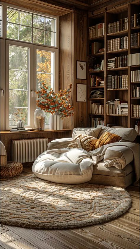 Home Library Cottage, Cozy Cabin Library, Bedrooms With Library, Cozy Cottage Library, Cottage Home Library, Cozy House Library, Library Lounge Room, Home Mini Library, Library And Office Room